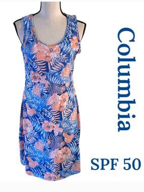 COLUMBIA PFG Midway Bay Wicking Blue Peach Floral Swim Dress Size Medium